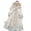 French chic elegant high-end embroidered mesh dress - women's autumn tie-waist single-breasted maxi dress