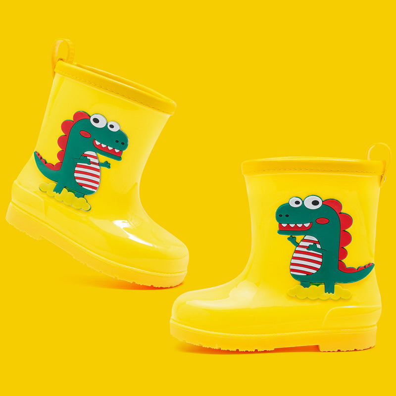 Kids' fashion waterproof warm rain boots - cute cartoon dinosaur design, non-slip, drawstring closure, all-season rain boots for boys and girls