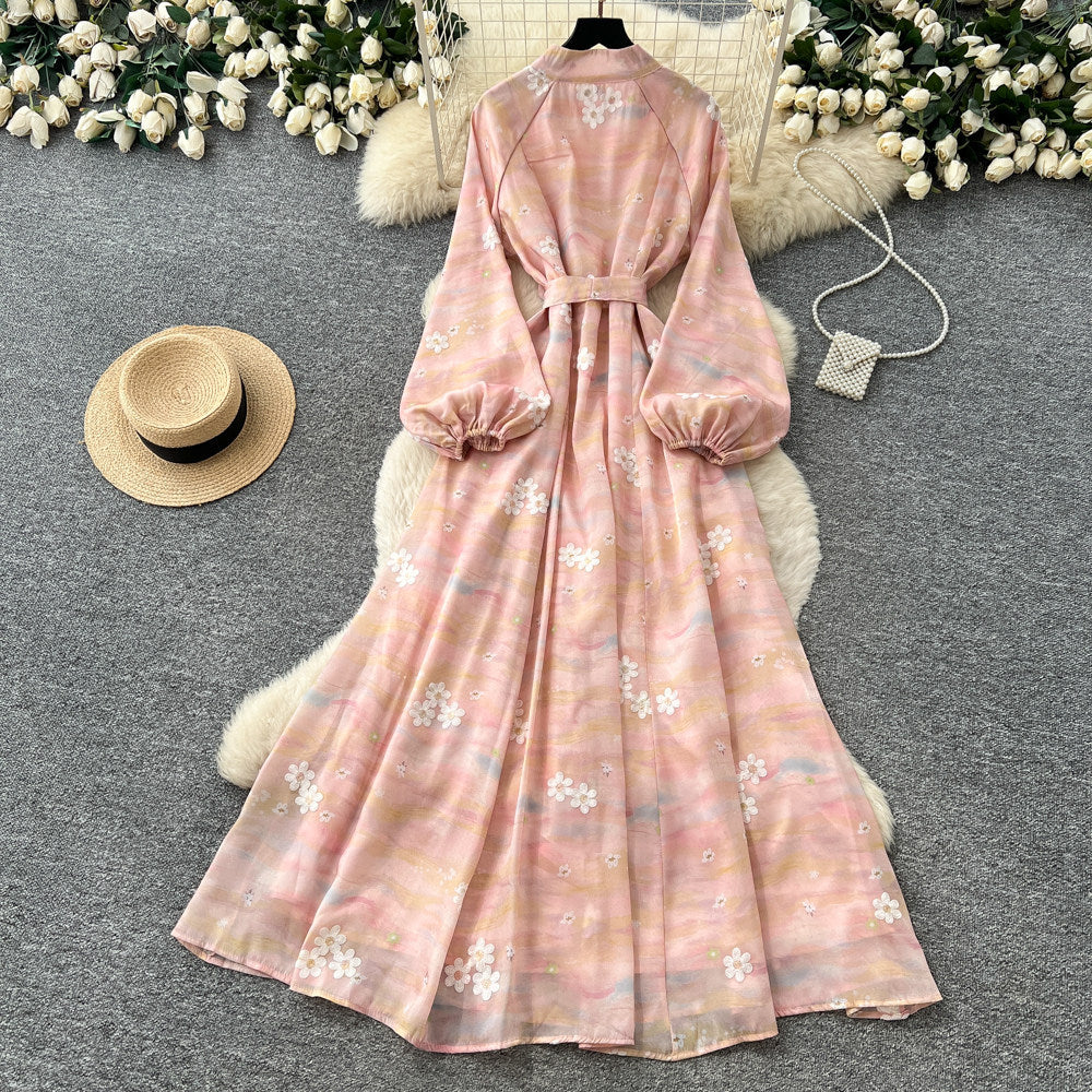 French romantic lantern sleeve printed dress - women's summer slimming a-line maxi dress - elegant workwear