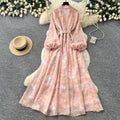 French romantic lantern sleeve printed dress - women's summer slimming a-line maxi dress - elegant workwear