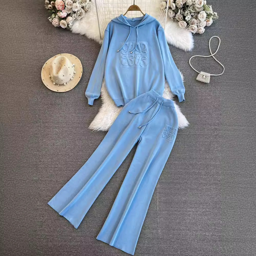Fashionsuitfemalek-stylelooseknittinghoodedsweatshirttwo-piece setcasualhigh waistslimming lookstraight-legloose pants