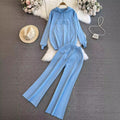 Fashionsuitfemalek-stylelooseknittinghoodedsweatshirttwo-piece setcasualhigh waistslimming lookstraight-legloose pants