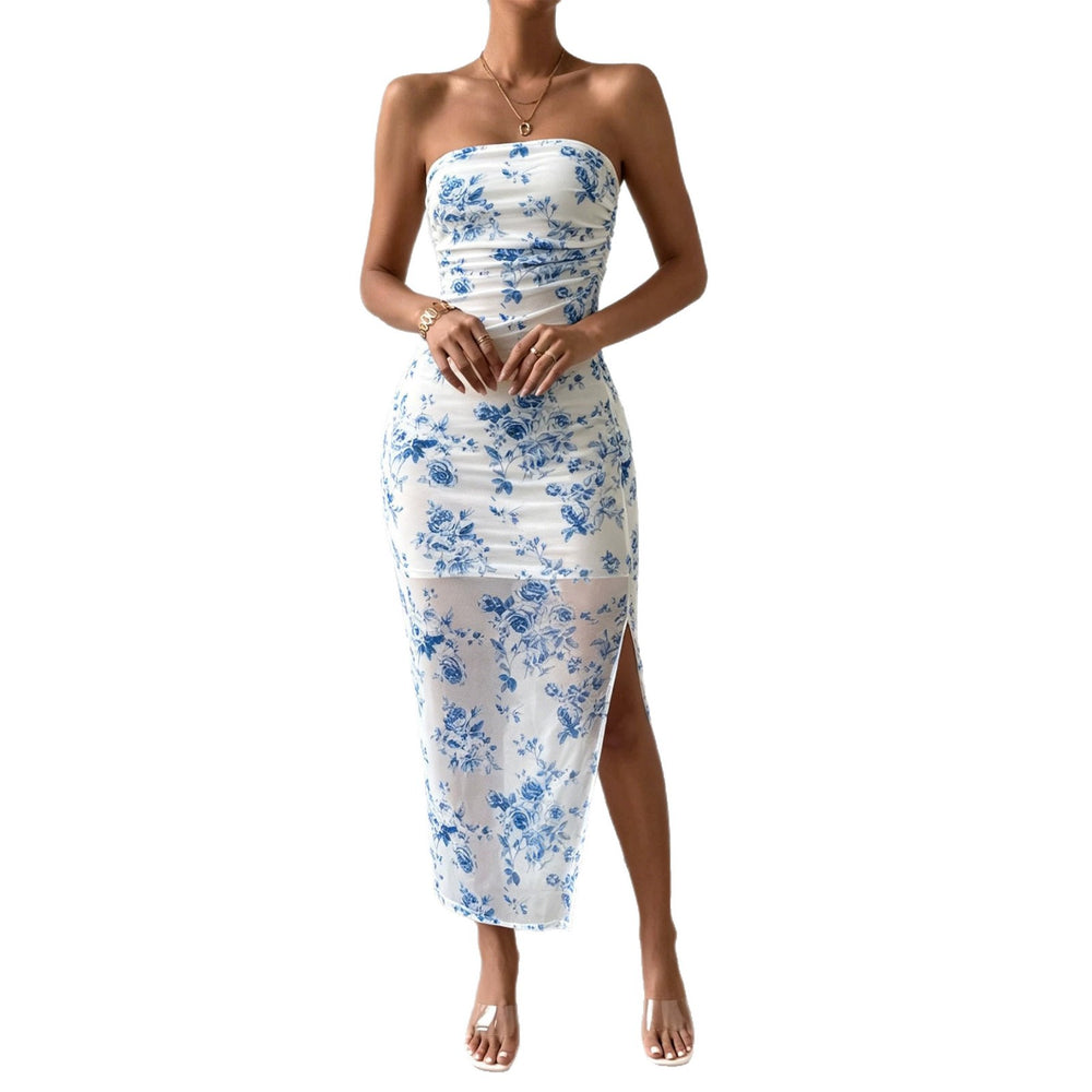 women's tk mesh printingdress spring and summer new arrivalhigh waist silm slit tube top hip skirt