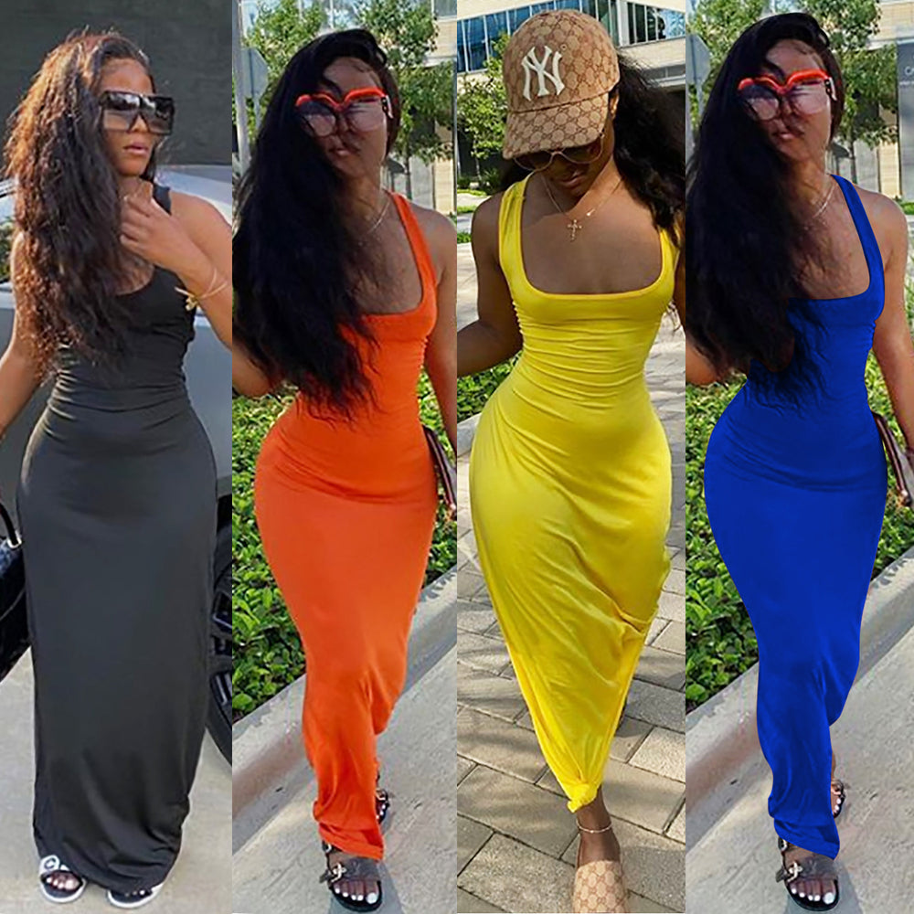 C3643 in stock cross-border fashion solid color sexy dress floor-length dress tie-up maxi dress