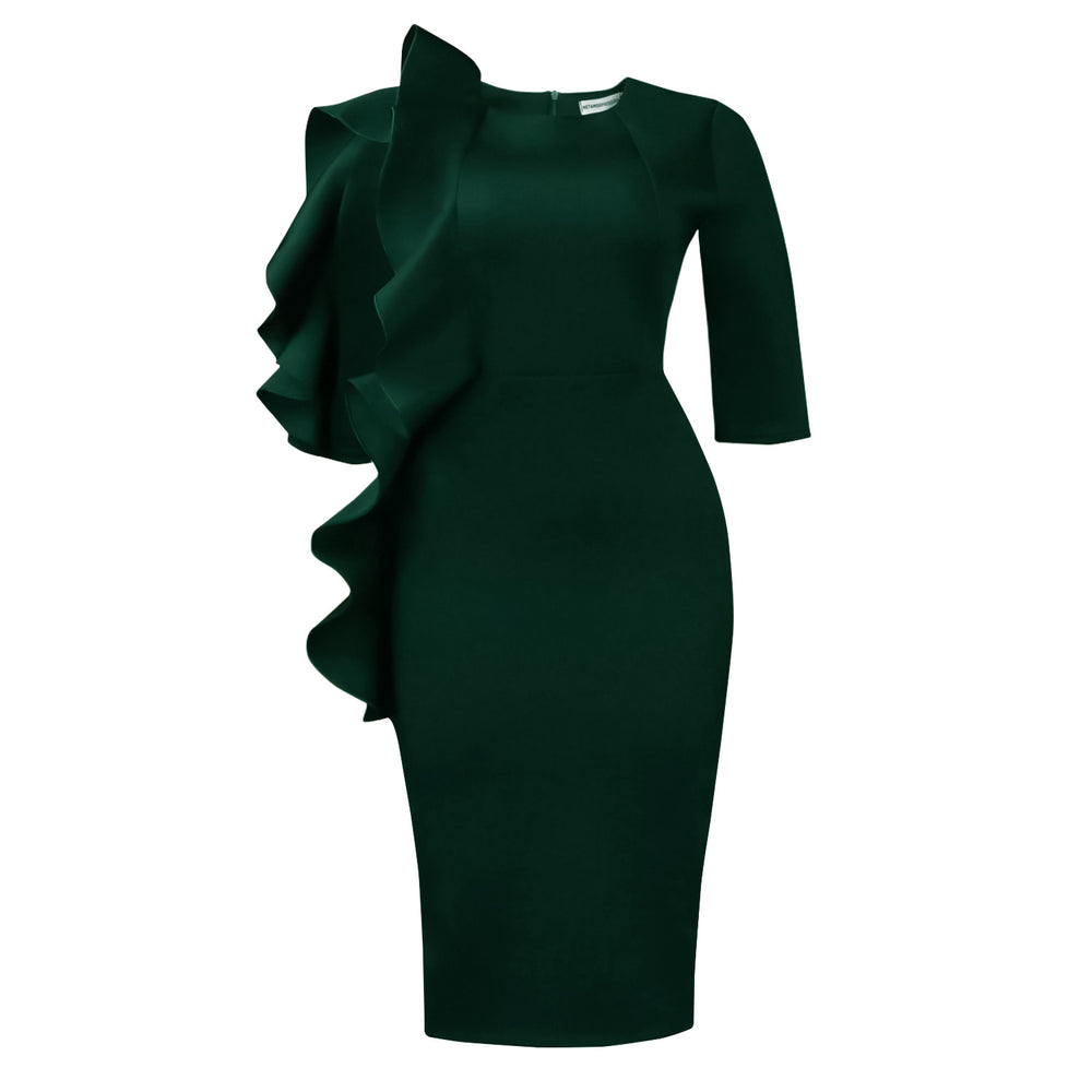 D608 cross-border  fashion women's round neck elegant three-quarter sleeve ruffle trim african dress