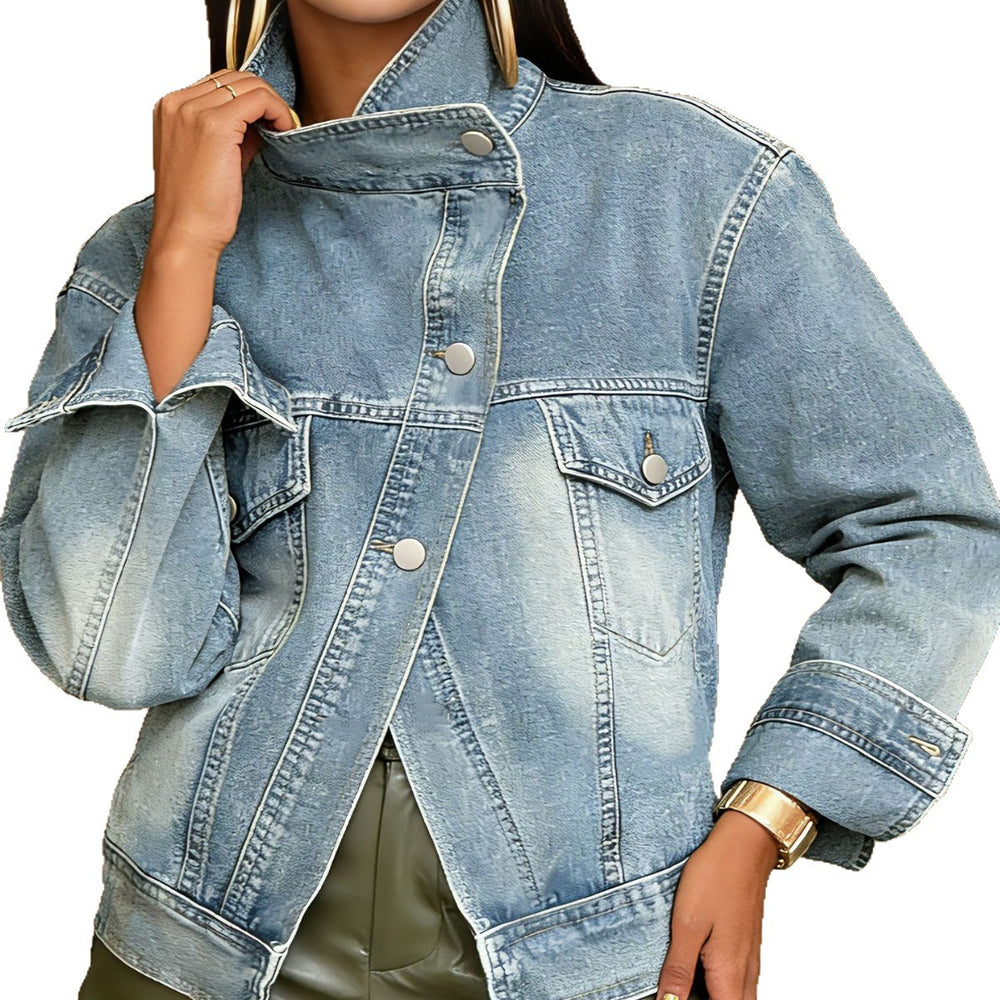 new european and american cross-border  direct sales streetwear motorcycle wind washed stand collar vintage denim jacket