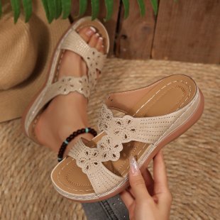 plus size women's shoes  new arrivalfashion flower wedge thick bottom sandals women's stitching retro one-line slippers for women