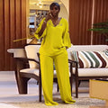European and american style women's  autumn sweet & fresh loose plus size v-neck three-quarter sleeve blouse and high-waisted straight-leg pants two-piece set