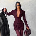 cross-border fashion: european & american style women's autumn/winter new collection - elegant solid color deep v-neck lapel pleated waist blazer dress