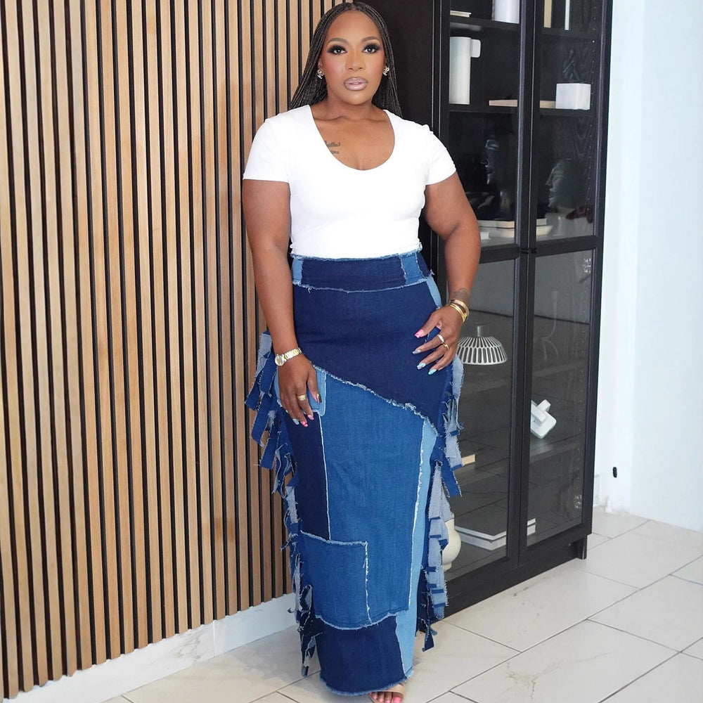 European and american style women's denim skirt - new fashion washed color block tassel high waist midi skirt for  cross-border e-commerce
