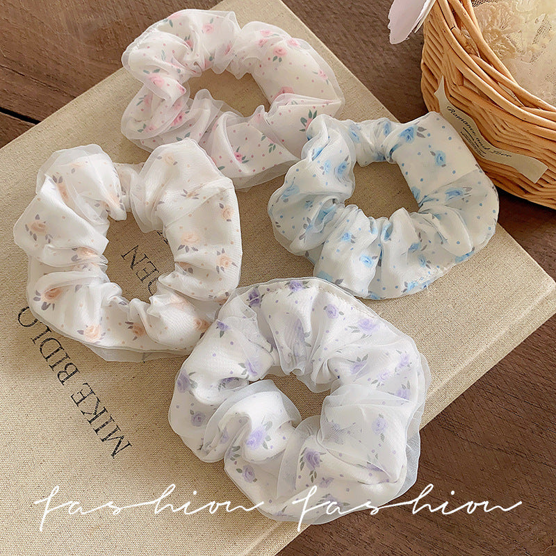 French retro floral lace pig intestine ring women's korean rubber band head flower hair ring headband hair accessories 2026 new style