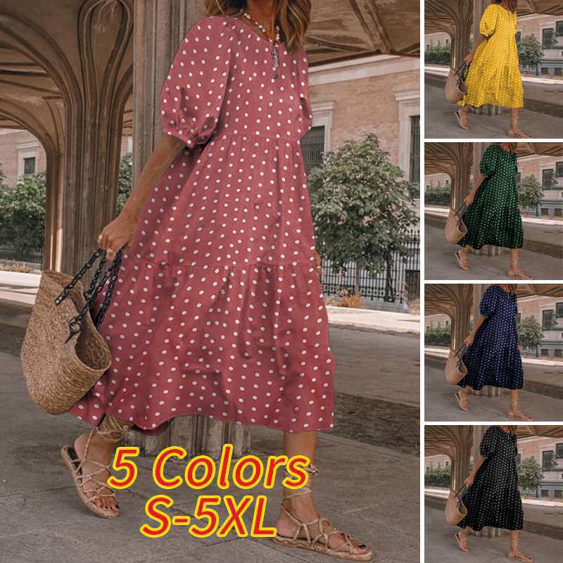 retrodress sundress puff sleeves polka dot printing summer casual plus size women's suit
