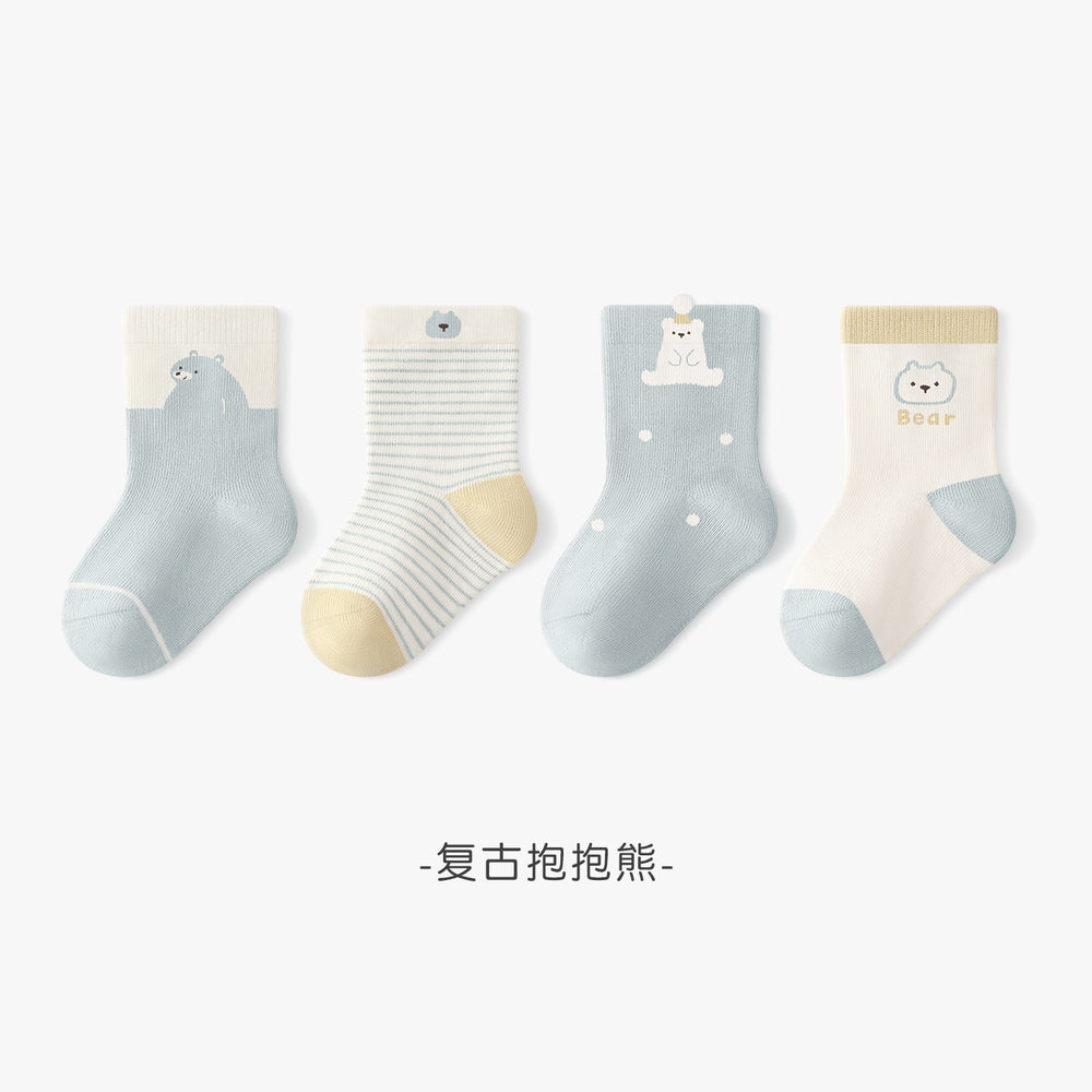 Babibele baby socks, 4-pair pack, mid-calf length, combed cotton, seamless, cartoon design, non-restrictive, unisex baby socks