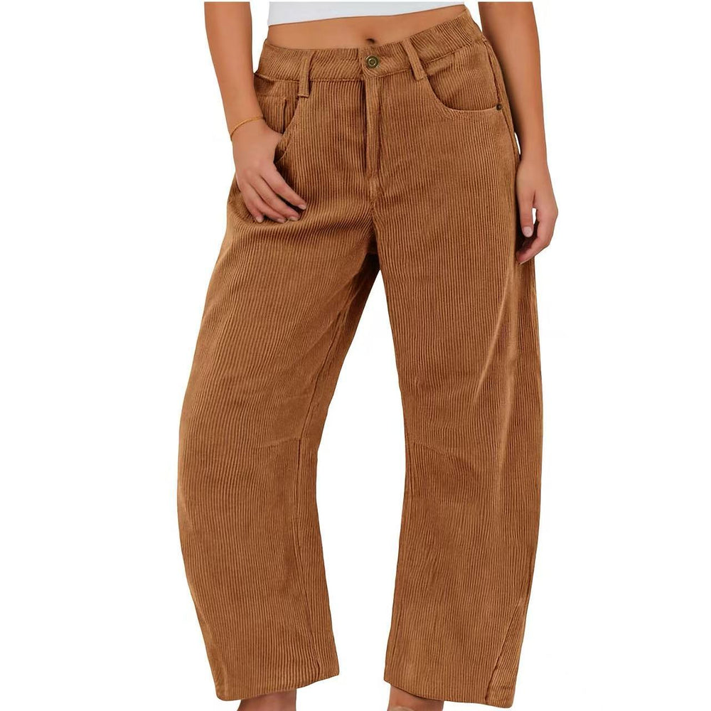 Amazon spring new women's high-waisted casual pants, european and american style solid color corduroy loose straight-leg trousers