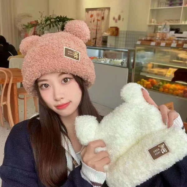 Fleece hat, female Korean version, thermal hat, ear protection, small wool hat, new autumn and winter cute bear plush hat
