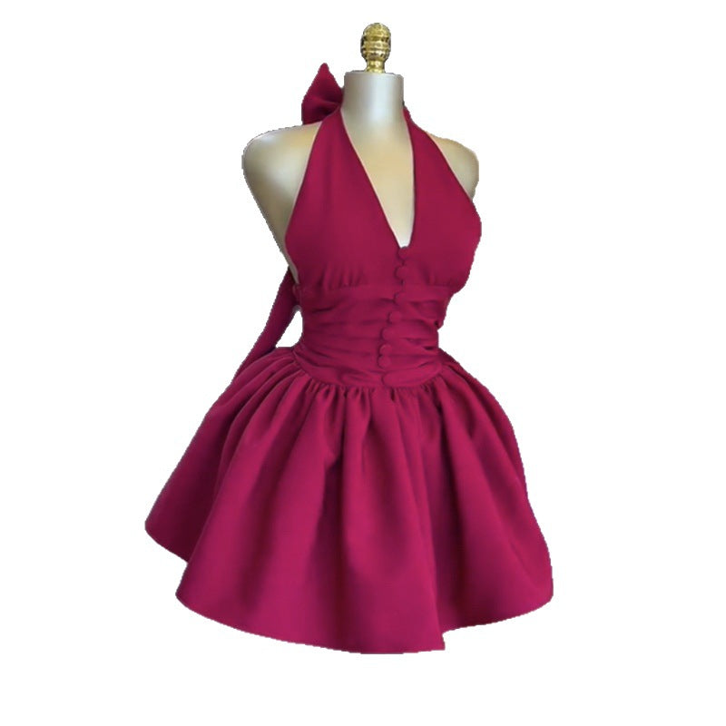 European and american cross-border women's fashion:  spring new arrivals - sexy and elegant halter neck bowknot backless mini dress