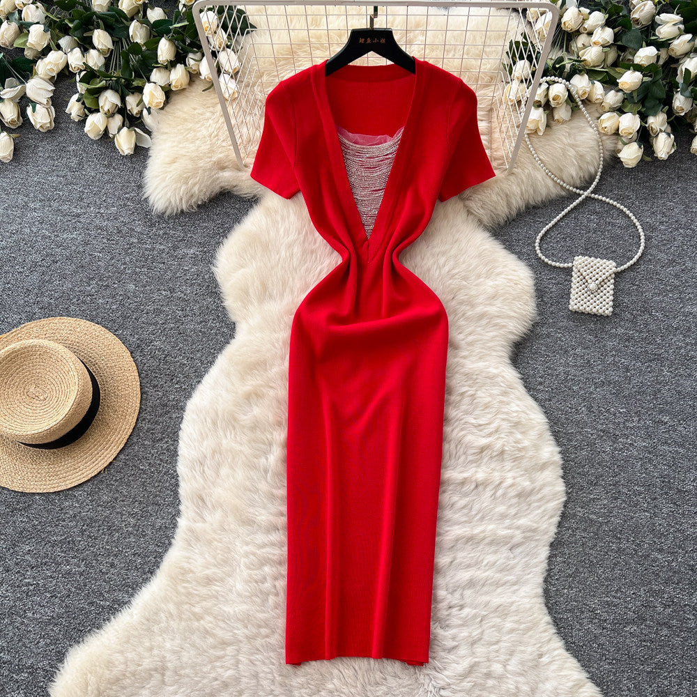 K-style square collar knitting casualcasualdress women's short-sleeved a-line skirt work clothingslimming lookelegantsexy skirt