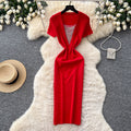K-style square collar knitting casualcasualdress women's short-sleeved a-line skirt work clothingslimming lookelegantsexy skirt