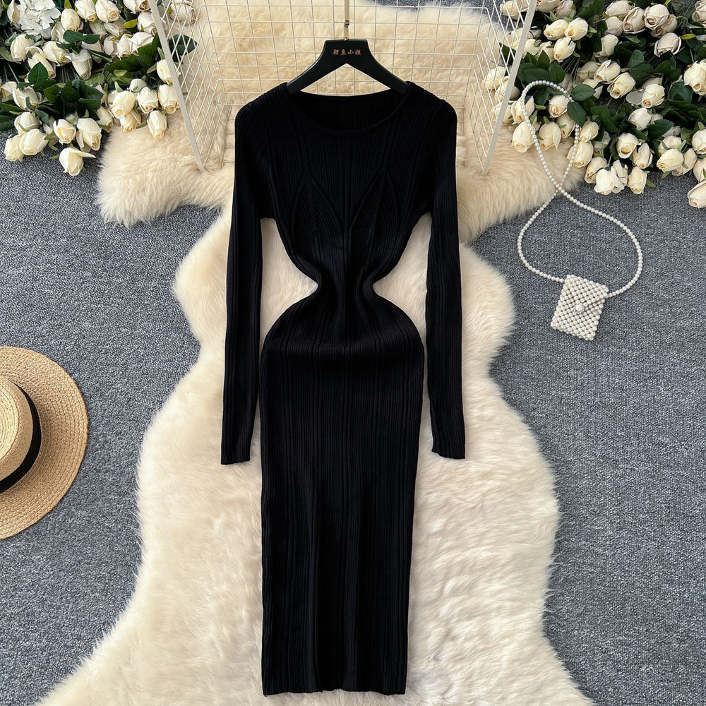 European and american style minimalist sexy ribbed bodycon knit dress - autumn solid color basic skirt - pencil skirt for women