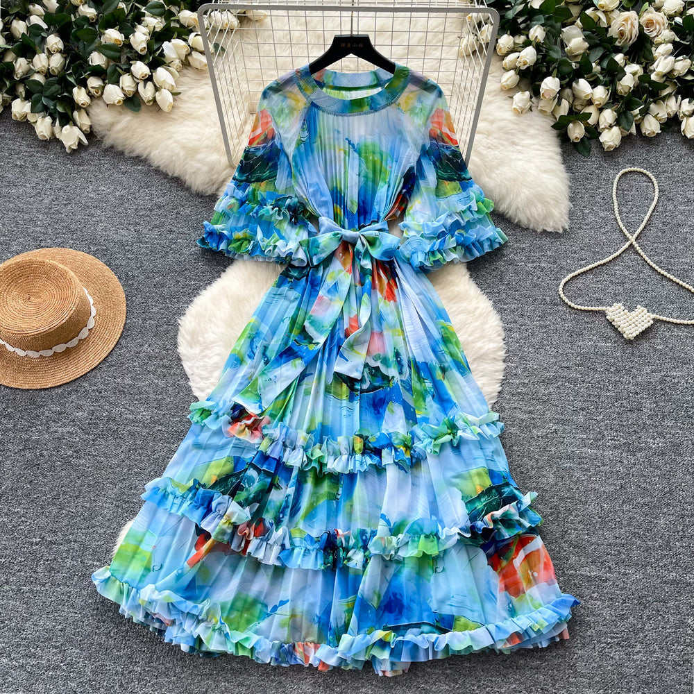 Vintage court style printed bubble sleeve dress - korean style tie-waist ruffle hem fairy dress