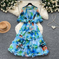 Vintage court style printed bubble sleeve dress - korean style tie-waist ruffle hem fairy dress