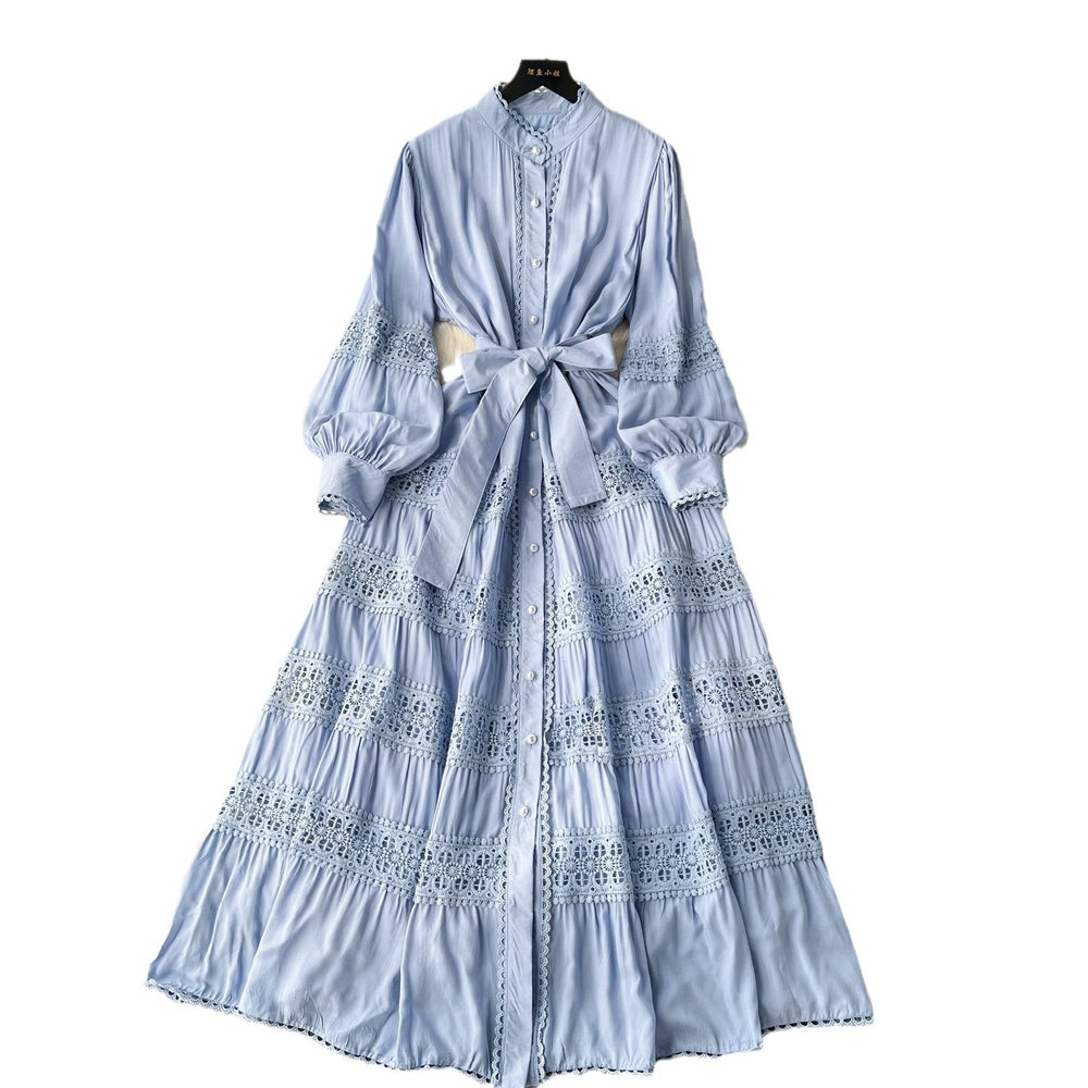 Frenchretrolacepatchwork lantern long sleevesdress women's tie back waist single breasted large swing palace style long skirt