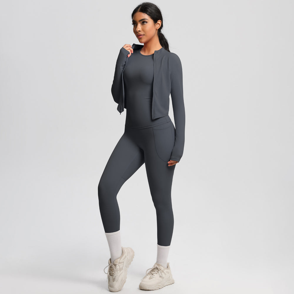 Cloud-soft slim-fit brushed nylon pocket pant set - quick-dry, breathable yoga, running, and fitness activewear three-piece set