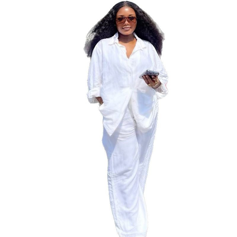 European and American large-size women's clothing loose casual cardigan lapel shirt long-sleeved solid color top trousers African two-piece set women