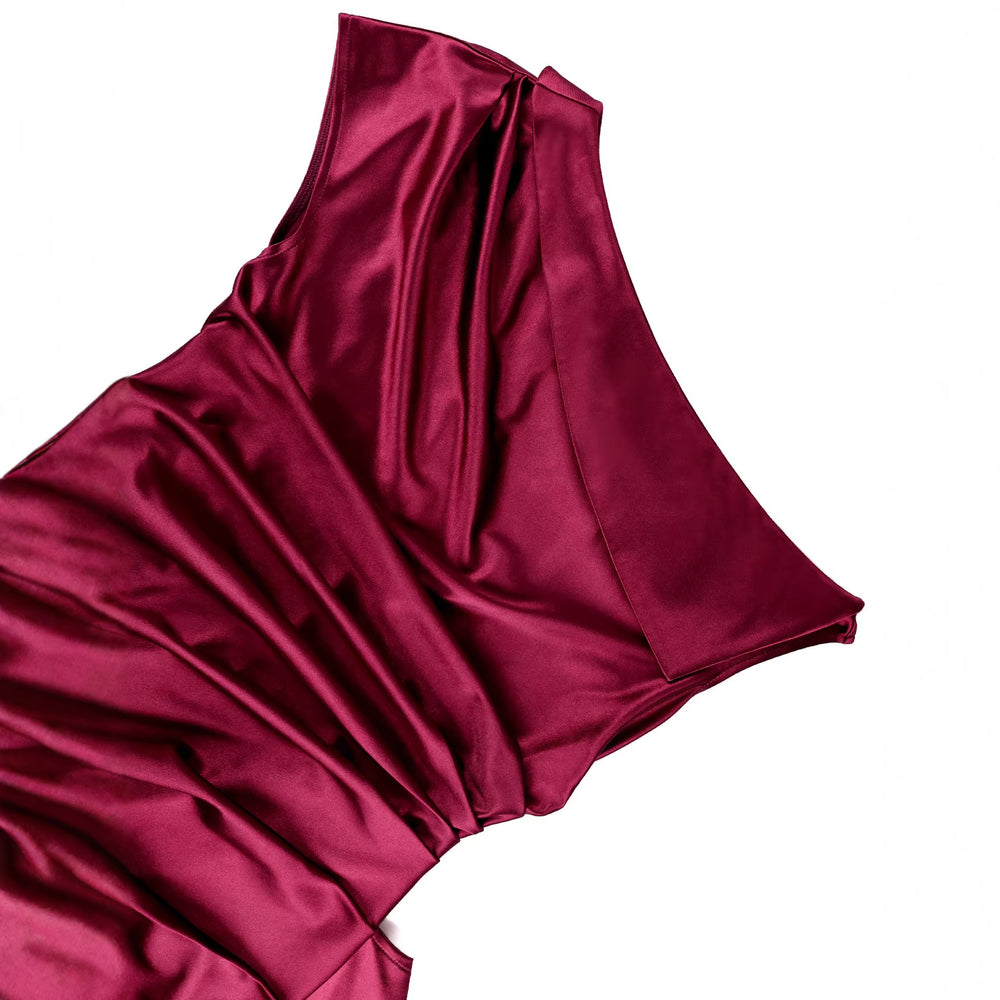Burgundy slimming bodycon mini dress - one-shoulder high-waisted satin ruffle hem party dress
