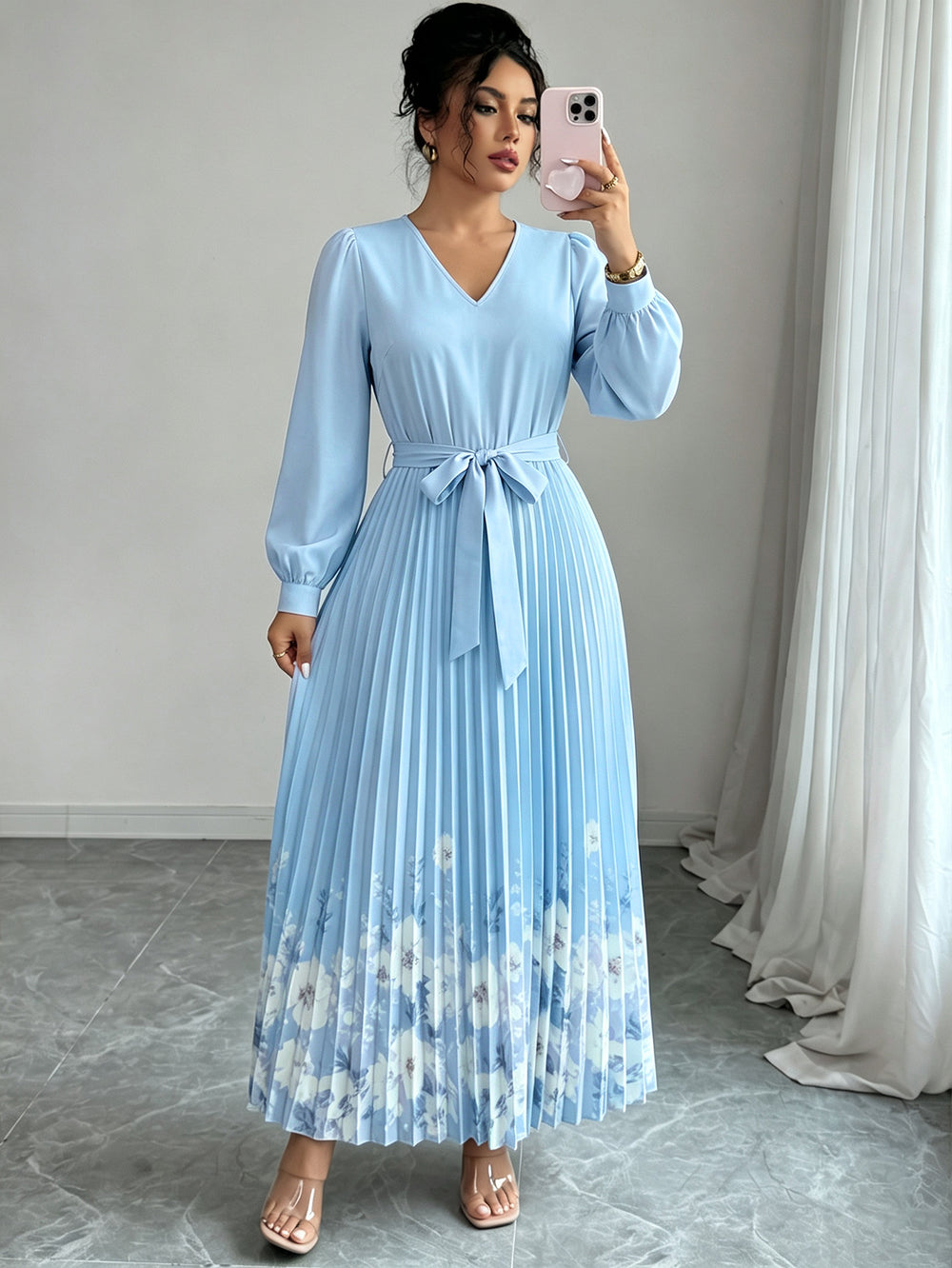 European and american cross-border women's summer  elegant halter neck tie waist floral print pleated maxi swing dress