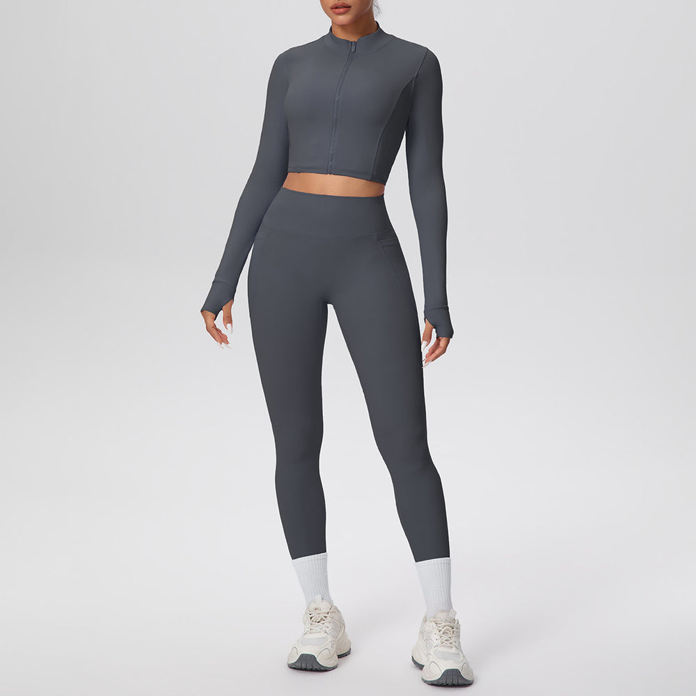 Cropped zip-up yoga set: high-waisted, butt-lifting leggings with pockets - perfect for running, fitness, and casual wear