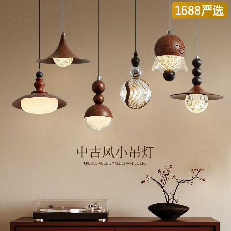 [Strict selection] Bedside small chandelier New Chinese-style medieval homestay bar chandelier wabi sandy wind walnut pattern lamp