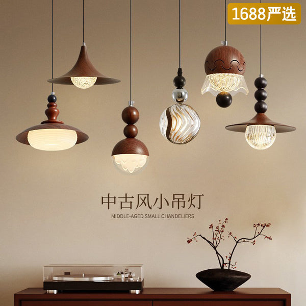 [Strict selection] Bedside small chandelier New Chinese-style medieval homestay bar chandelier wabi sandy wind walnut pattern lamp