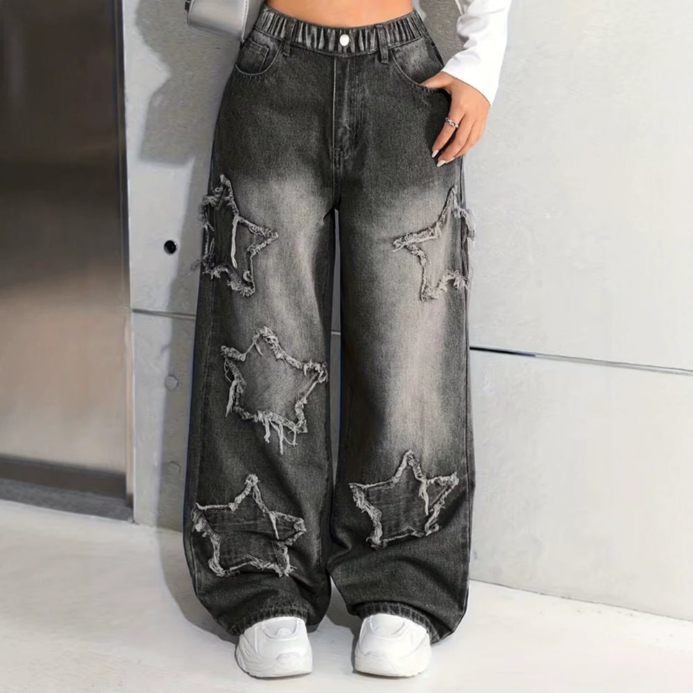 girls' spring/autumn denim pants: new styles for mid-to-large children, loose-fit casual straight-leg trousers, stylish and versatile wide-leg pants for kids