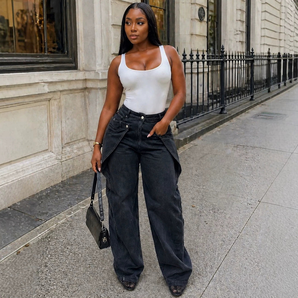 European and american style women's casual jeans - new  cross-border women's clothing - street fashion asymmetrical button design straight leg