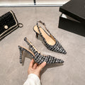 Yx2026new arrival pointed toe stiletto women's shoes elegantfrenchflats tweed tweed style toe cap back hollow sandals