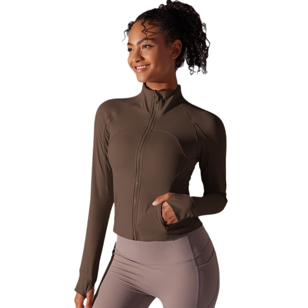 New women's solid color stand collar long zip-up long sleeve brushed fleece tight-fit activewear top for running, fitness, and yoga