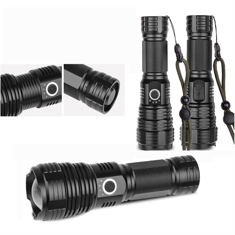 Cross-border XHP70.2 strong light flashlight USB charging screen display zoom long-range high-power super bright LED flashlight