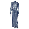 European and american style cross-border elegant slim-fit women's sexy backless bodycon dress with stand collar, long sleeves, solid color, and slimming long dress