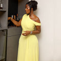 European and american style ins cross-border women's pure color design waist pleated a-line skirt oblique collar sleeveless exposed one-shoulder long dress