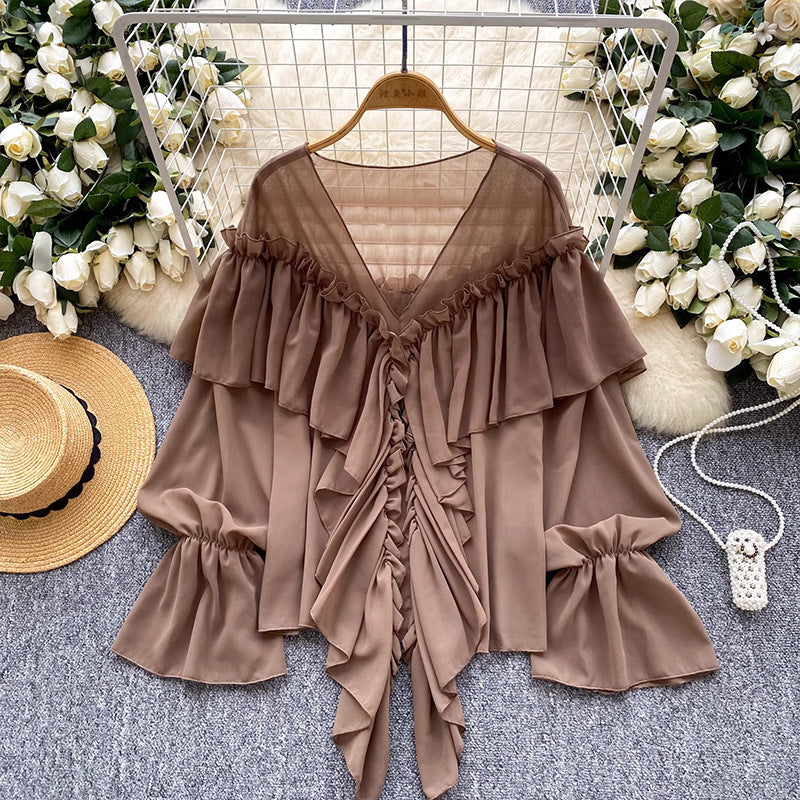 cross-border 2026 summer lazy style elegant socialite rufflespatchwork bell sleeve chiffon shirt loose shirt