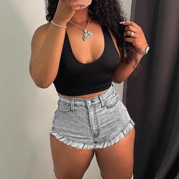 TC70168 shallow European and American   women's fringed shorts sexy triangle design denim shorts
