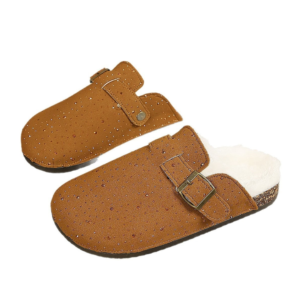 Fleece-linedthick sole baotou boken slippers autumnew arrivalheattech rhinestone cross-border plus sizeoutwear half slippers for women