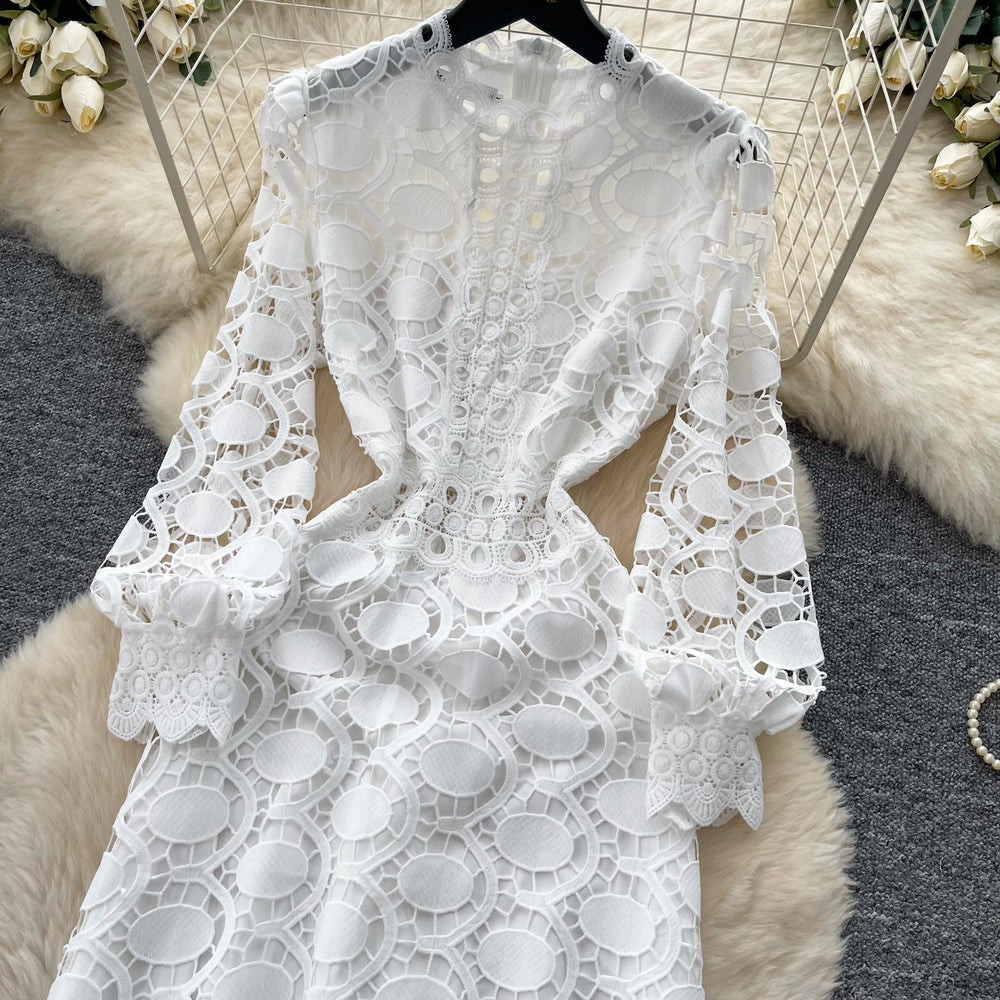 French riviera style heavy knit crochet dress - women's summer korean style white a-line dress - high-end slimming fit