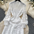 French riviera style heavy knit crochet dress - women's summer korean style white a-line dress - high-end slimming fit