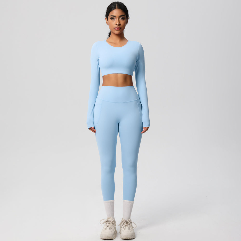 nude feeling tight high waistflap pocket pants crop toplong sleevestops yoga clothes quick-drying running sports fitness suit