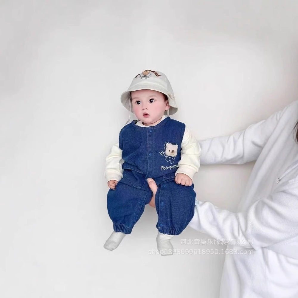 Spring and autumn suit baby clothes new arrival baby men and women infants and young children style denim suspenders two-piece set outing clothes