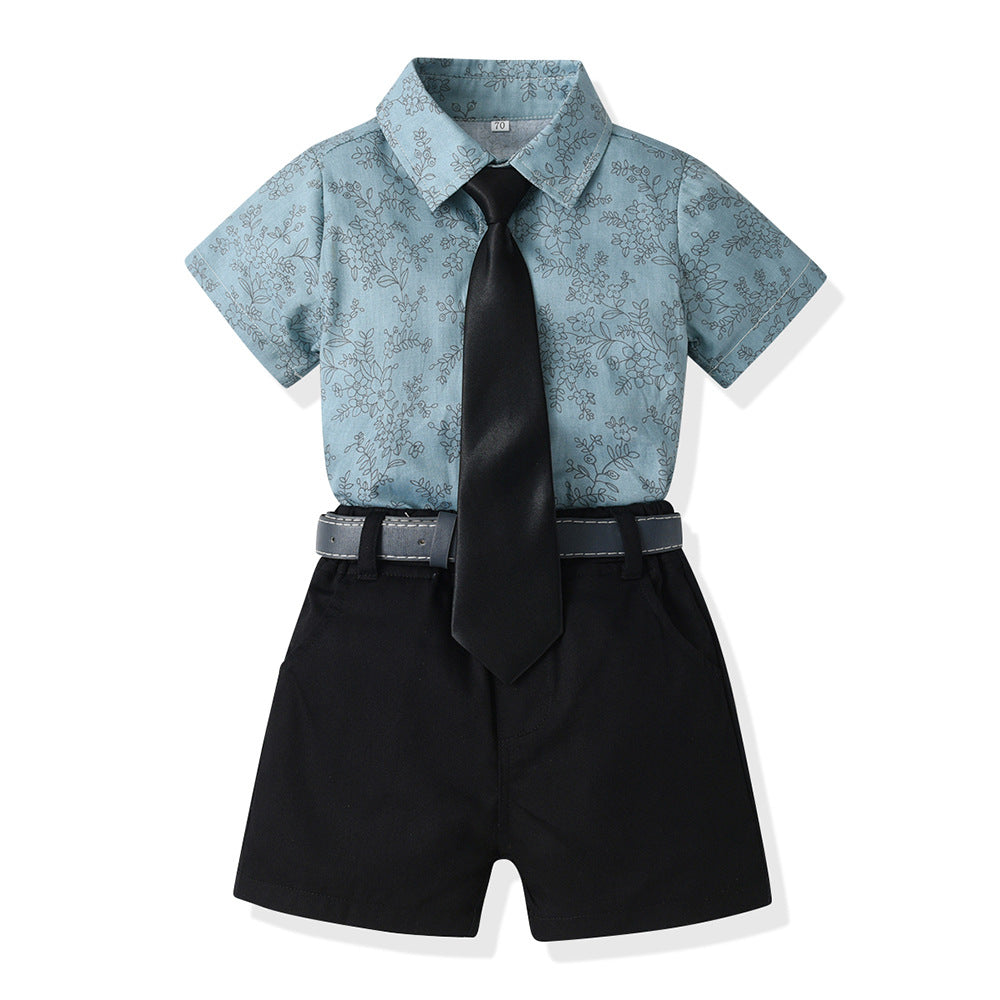 Boys' summer outfit: trendy suit with belt - new stylish and handsome summer short-sleeve shirt for fashionable babies