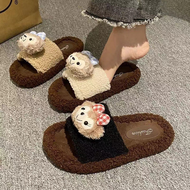 Fluffy slippers women's cartoon cute mickey mouse new autumn winter korean style comfortable home anti-slip cotton slippers women's outdoor wear