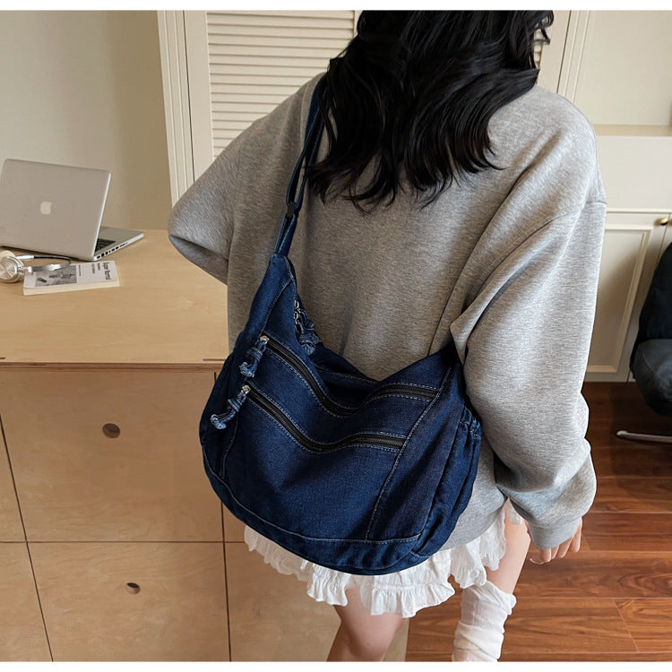 Cross-border denim bag women's large capacity 2025 new summer casual shoulder messenger bag niche commuter tote bag